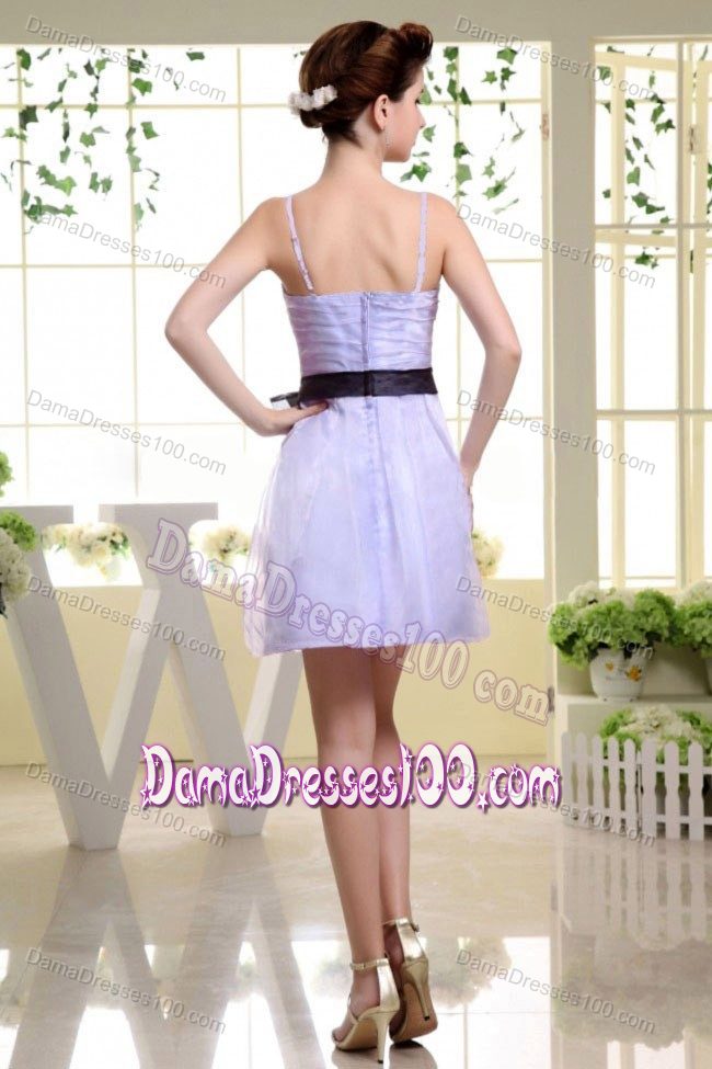 Black Sash Straps Ruched Short Lilac Quinceanera Dama Dresses