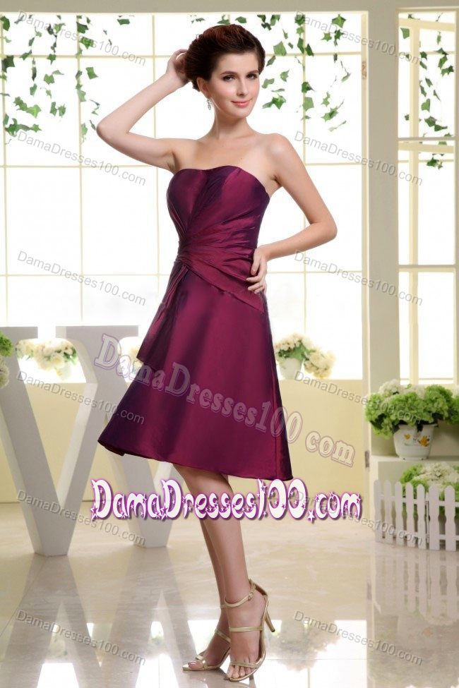 Taffeta Ruched Strapless Knee-length Burgundy Formal Dama Gown