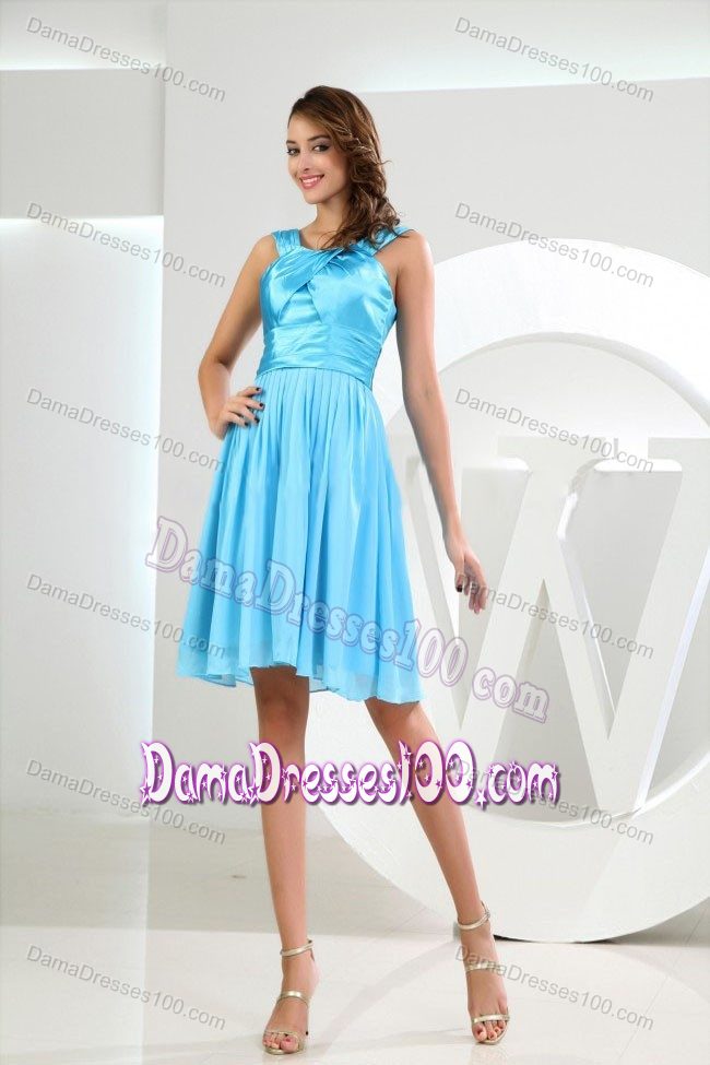 Baby Blue Straps Ruched Chiffon Knee-length Quince Dama Dresses