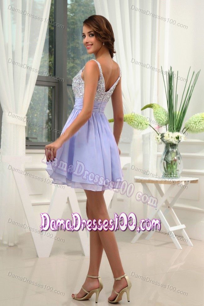 Beading Straps Lilac Chiffon Mini-length Dama Dress for Quinceaneras