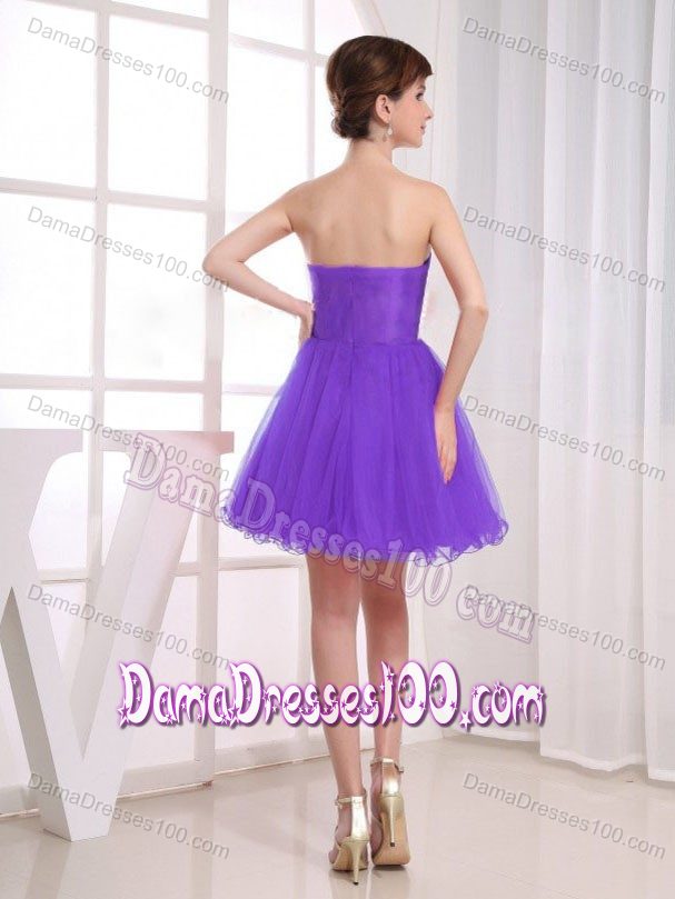 Sweetheart Beading Ruched Purple Layers Tulle Short Dama Dress
