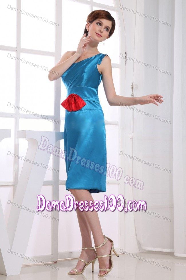 Knee-length One Shoulder Teal Taffeta Dama Dress with Red Bowknot