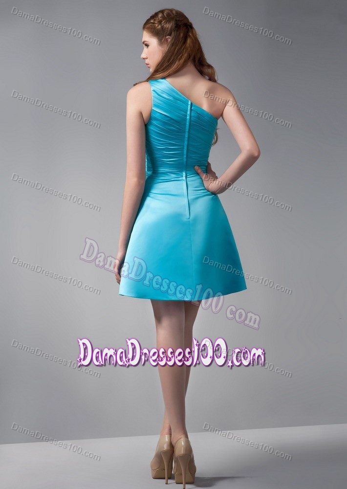 One Shoulder Ruched Aqua Blue Zipper Up Taffeta Dama Dresses