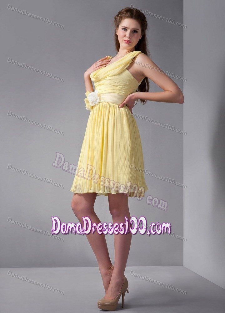 Straps Ruched Hand Made Flower Mini-length Yellow Dama Dress