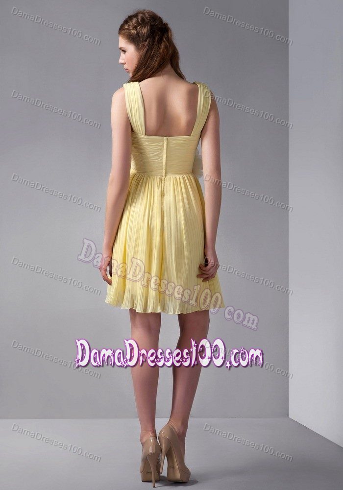 Straps Ruched Hand Made Flower Mini-length Yellow Dama Dress