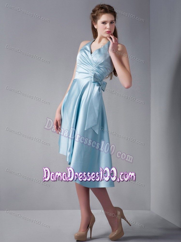 Sky Blue A-line Halter Asymmetrical Skirt and Ruching Party Dama Dresses