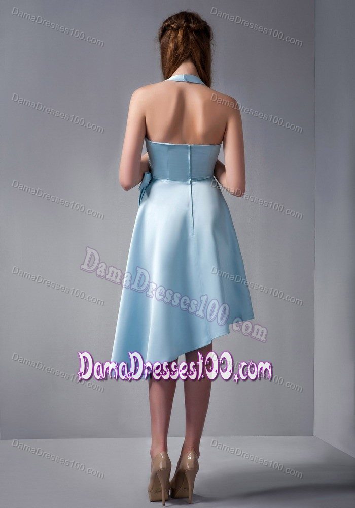 Sky Blue A-line Halter Asymmetrical Skirt and Ruching Party Dama Dresses