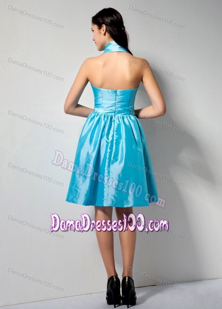 Aqua Blue Halter and Knee-length Prom Dresses for Dama in A-line