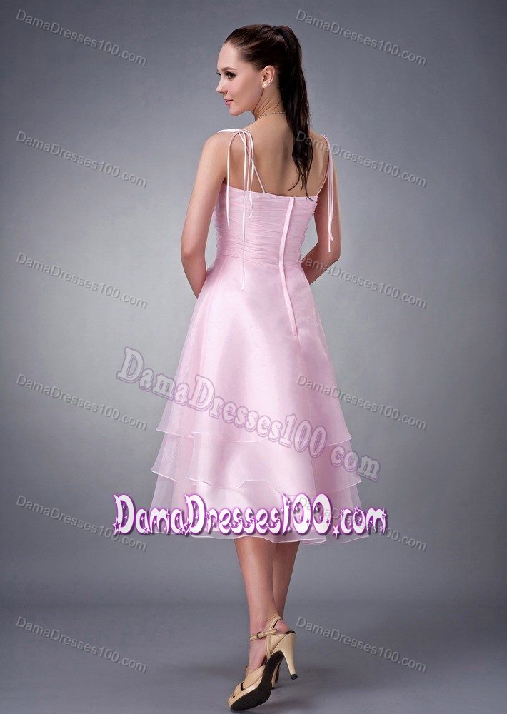Baby Pink Princess Tea-length Dama Dress for Quinceaneras with V-neck