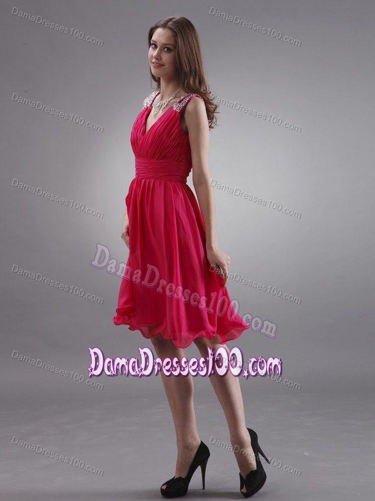 Red Beading Straps with V-neck Party Dama Dresses with Knee-length