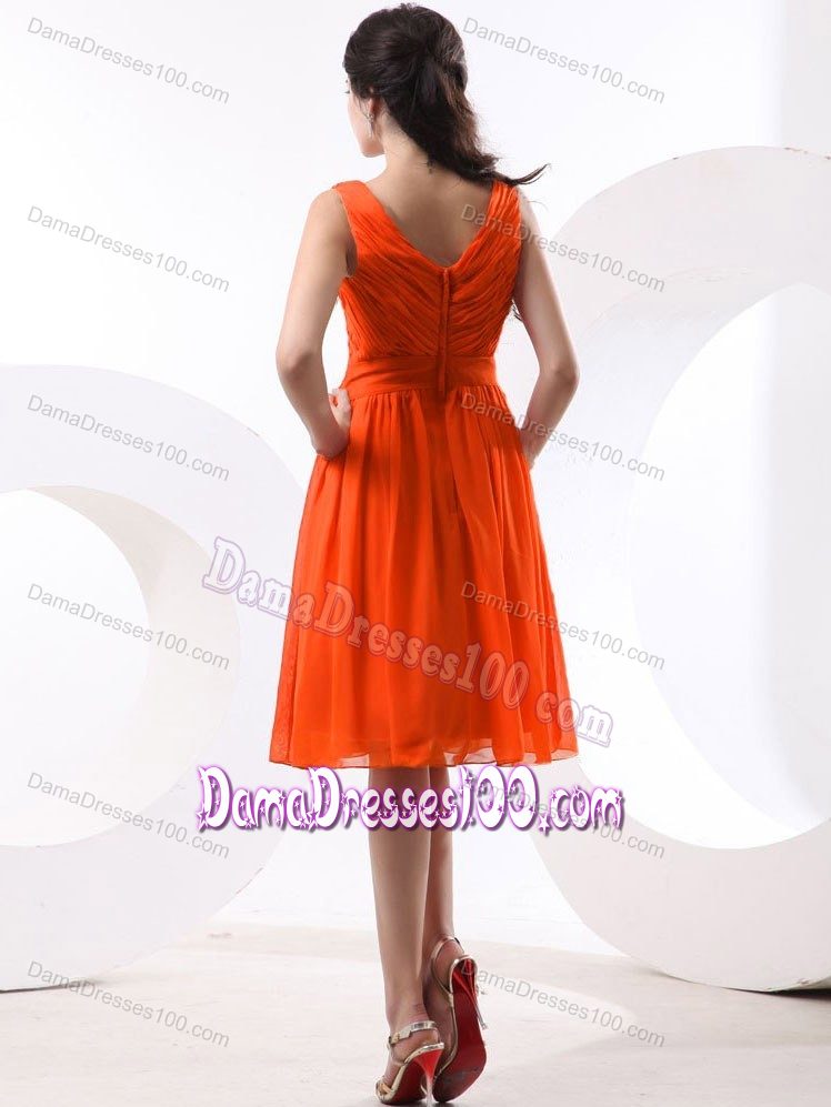 Ruched V-neck Prom Dresses for Dama with Knee-length in Orange Red