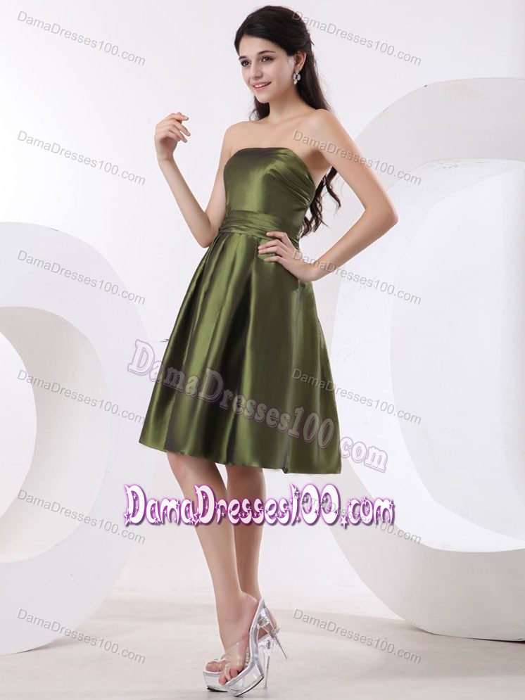 Olive Green Strapless Dama Dress for Quinceaneras to Knee-length