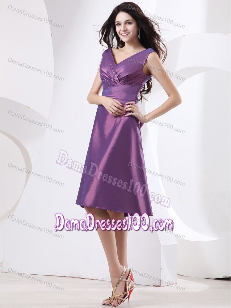 Purple V-neck and Straps Bridesmaid Dama Dresses with Pleating Sash