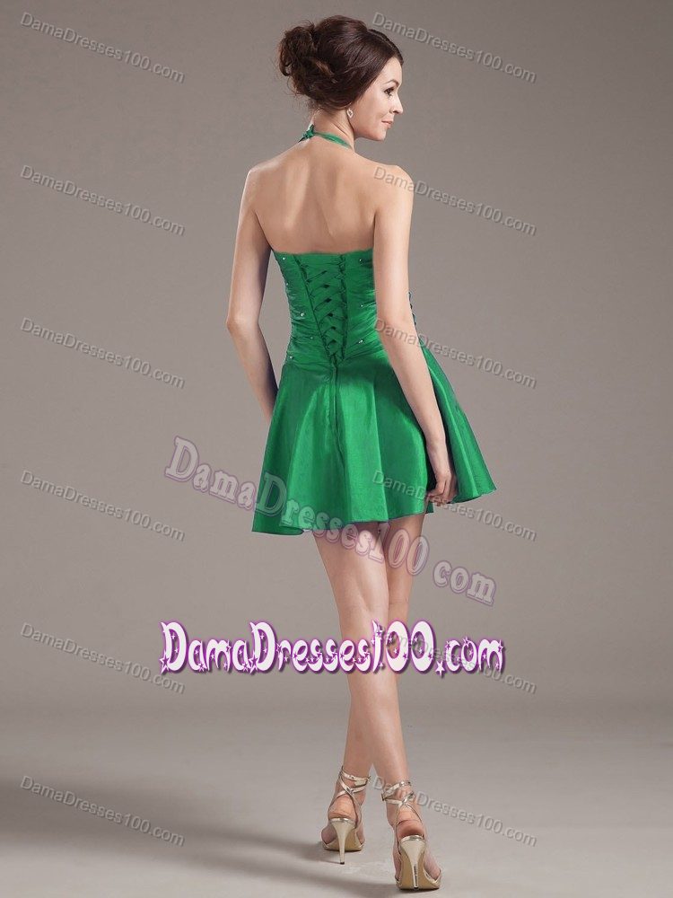 Halter Top for Green Mini Quince Dama Dresses with Beading and Ruching