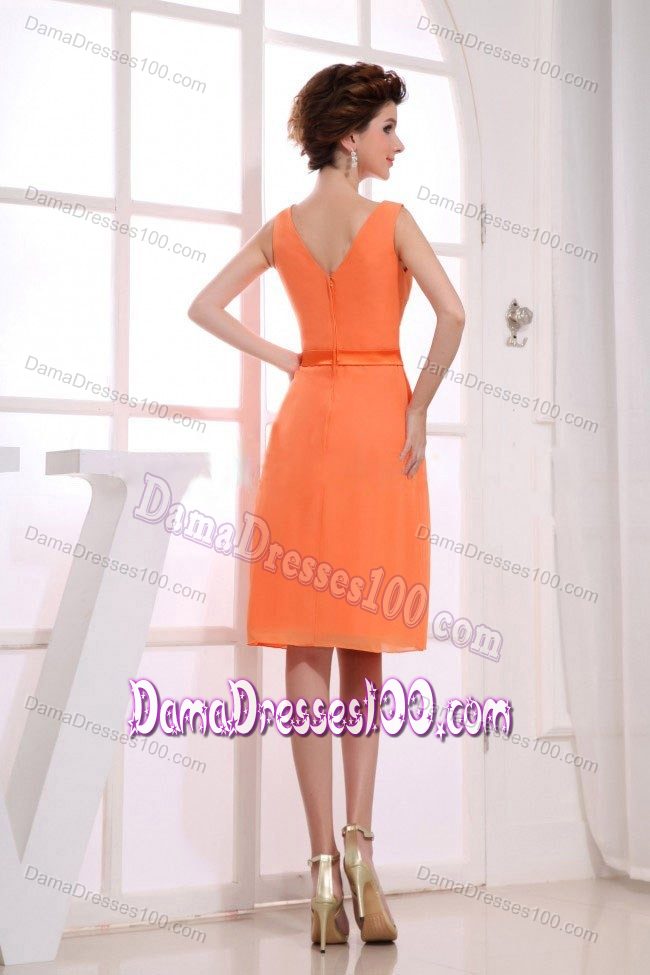 V-neck and Straps for Orange Ruching Prom Dresses for Dama to Knee-length