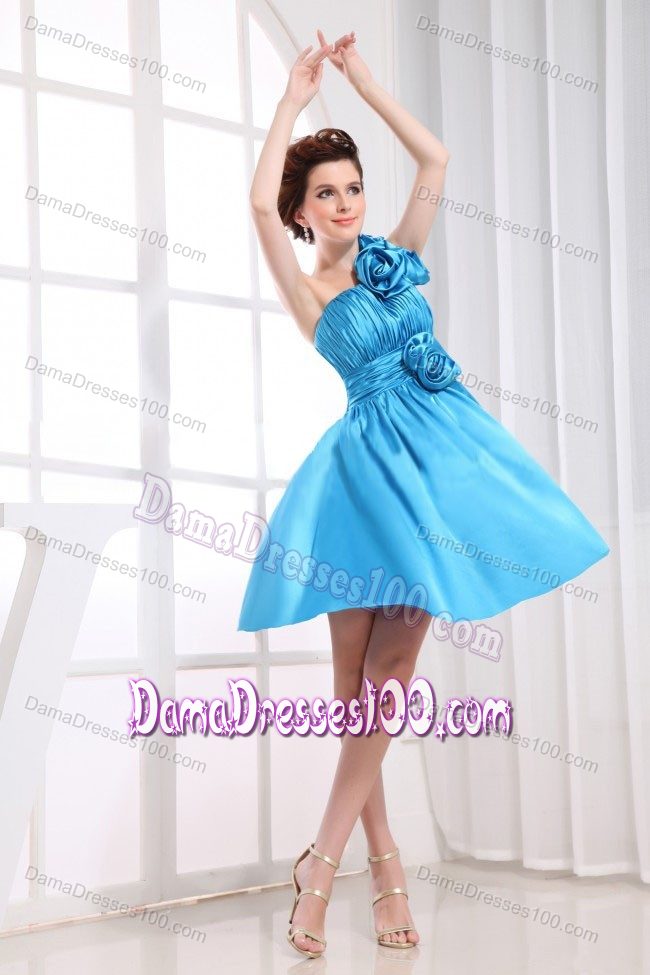 Hand Made Flowers Decorated One Shoulder Dresses for Damas in Aqua Blue