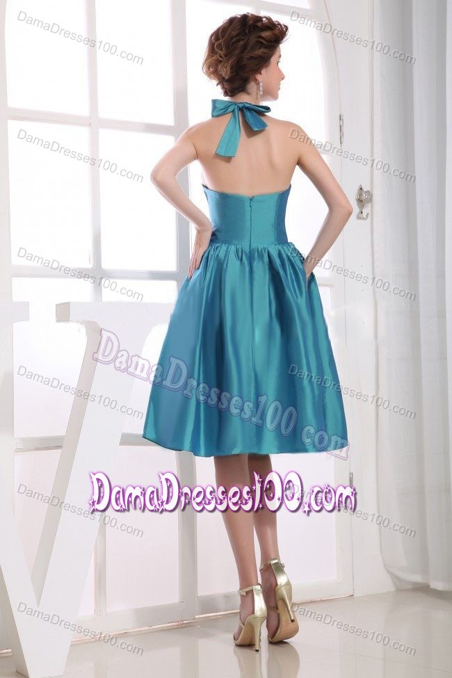 Halter Neckline Bowknot Dama Dress for Quinceaneras in Teal to Knee