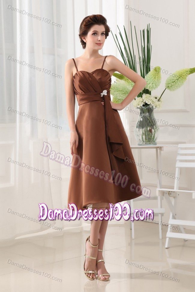 Spaghetti Straps Chiffon Brown Prom Dresses for Dama Design A-Line
