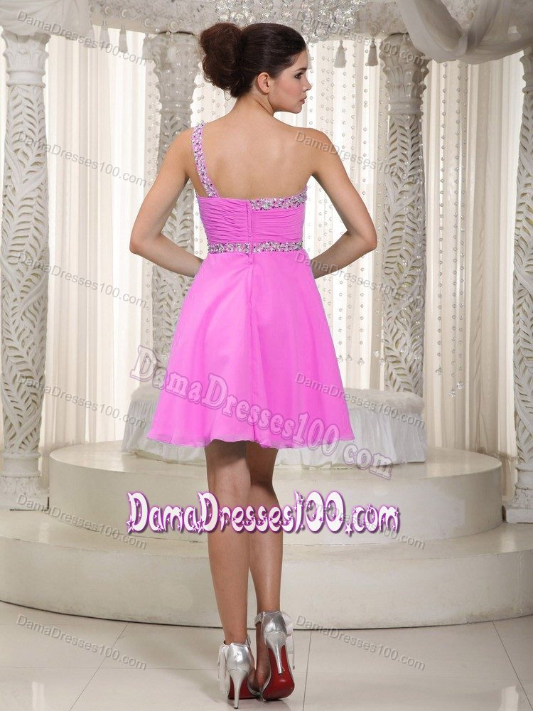 Pink Empire Beaded One Shoulder and Waistband Prom Dresses for Dama