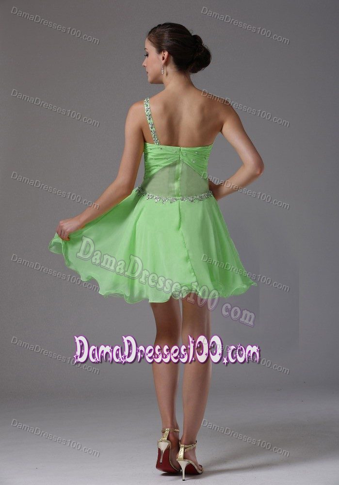 One Shoulder Spring Green Dresses for Dama with Ruche and Beading