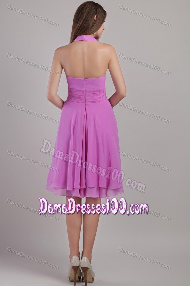 Halter and V Neck for Knee-length Quinceanera Damas Dresses in Lavender