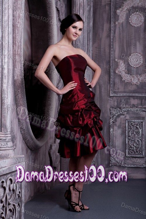 Burgundy A-line Cocktail Dresses for Dama with Pick-ups to Knee-length