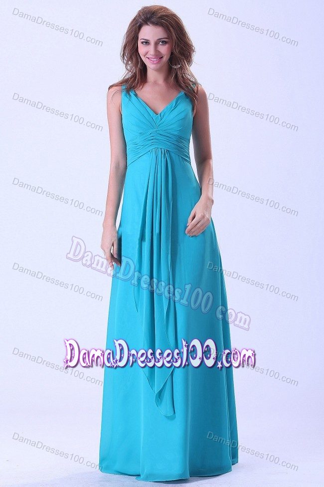 Aqua Blue Straps Bridesmaid Dama Dresses with V-neck to Floor-length