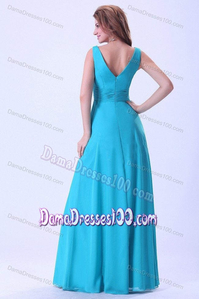 Aqua Blue Straps Bridesmaid Dama Dresses with V-neck to Floor-length