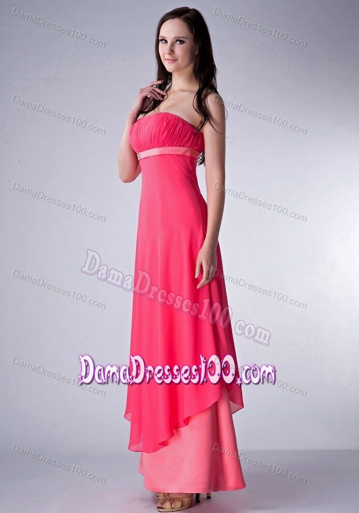 Red and Watermelon Ruche Prom Dress for Dama Made in Chiffon and Satin
