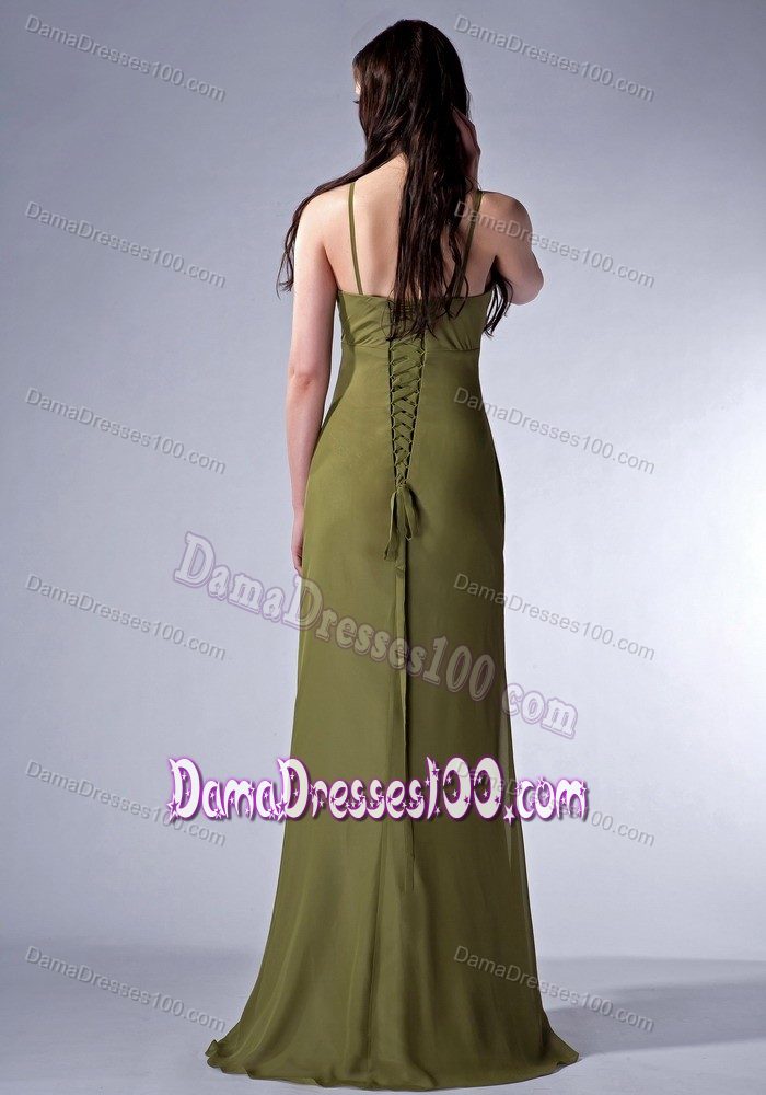 Spaghetti Straps V-neck and Corset Damas Dresses for Quince in Olive Green