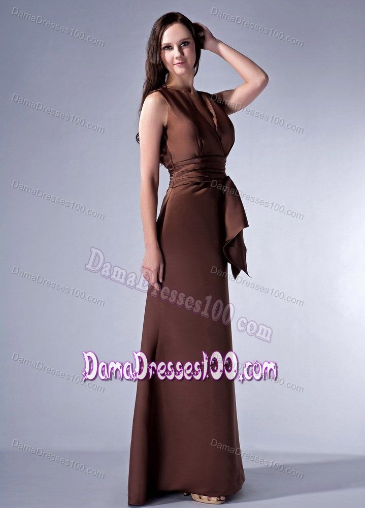 Brown Column Deep V-neck Quince Dama Dresses Embellished with Bowknot
