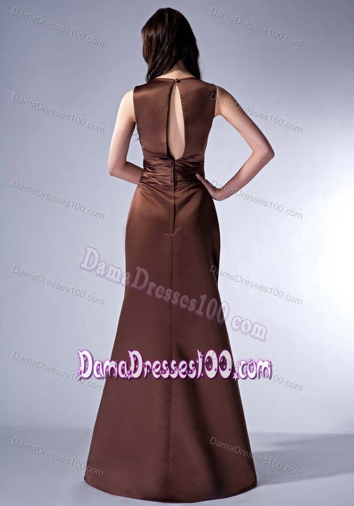 Brown Column Deep V-neck Quince Dama Dresses Embellished with Bowknot