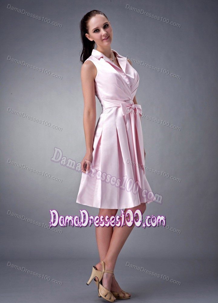 Baby Pink V-neck with Collar Quinceanera Dama Dresses with Ruche and Bow