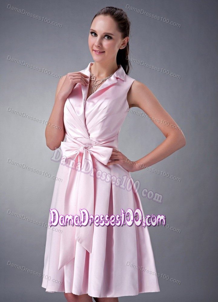 Baby Pink V-neck with Collar Quinceanera Dama Dresses with Ruche and Bow