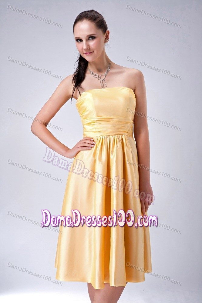 Gold Empire Bow 2013 Dama Dress for Quinceaneras with Tea Length