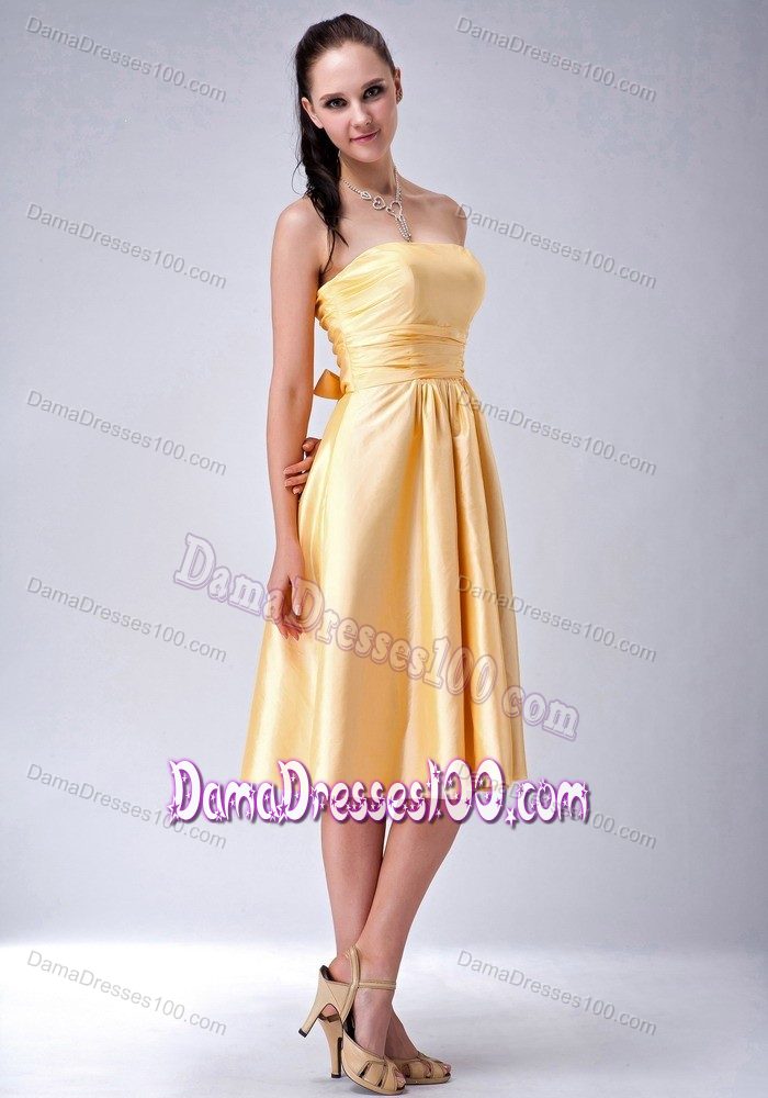 Gold Empire Bow 2013 Dama Dress for Quinceaneras with Tea Length
