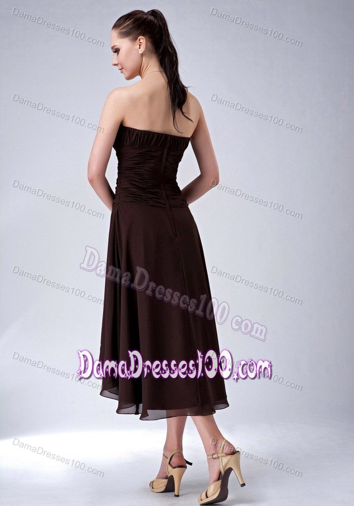 A-line High-low Ruching 15 Dresses for Damas with Strapless in Brown