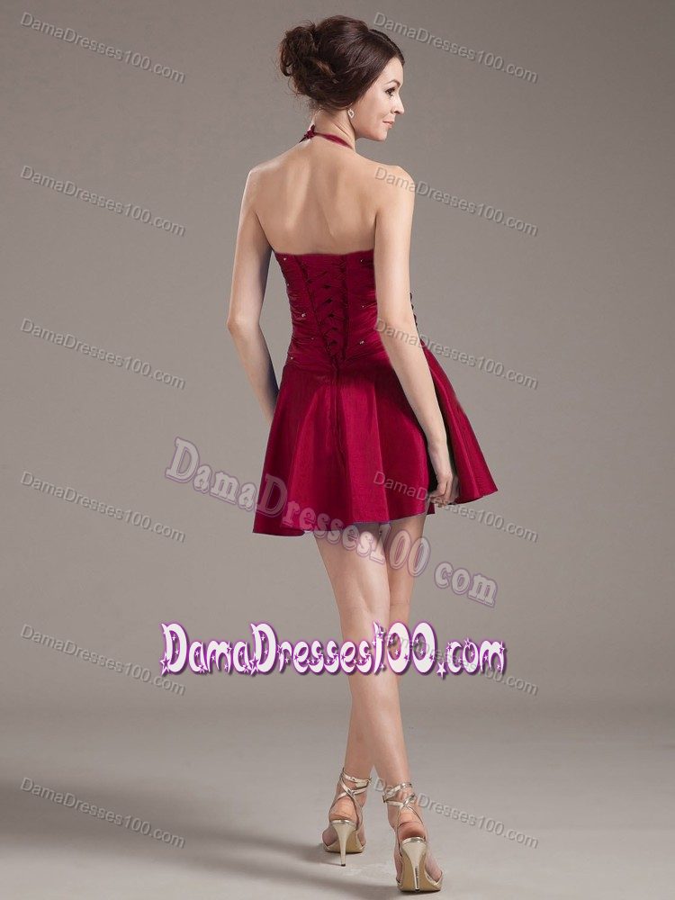 Halter Wine Red Dama Dresses for Quinceanera with Beading and Ruching