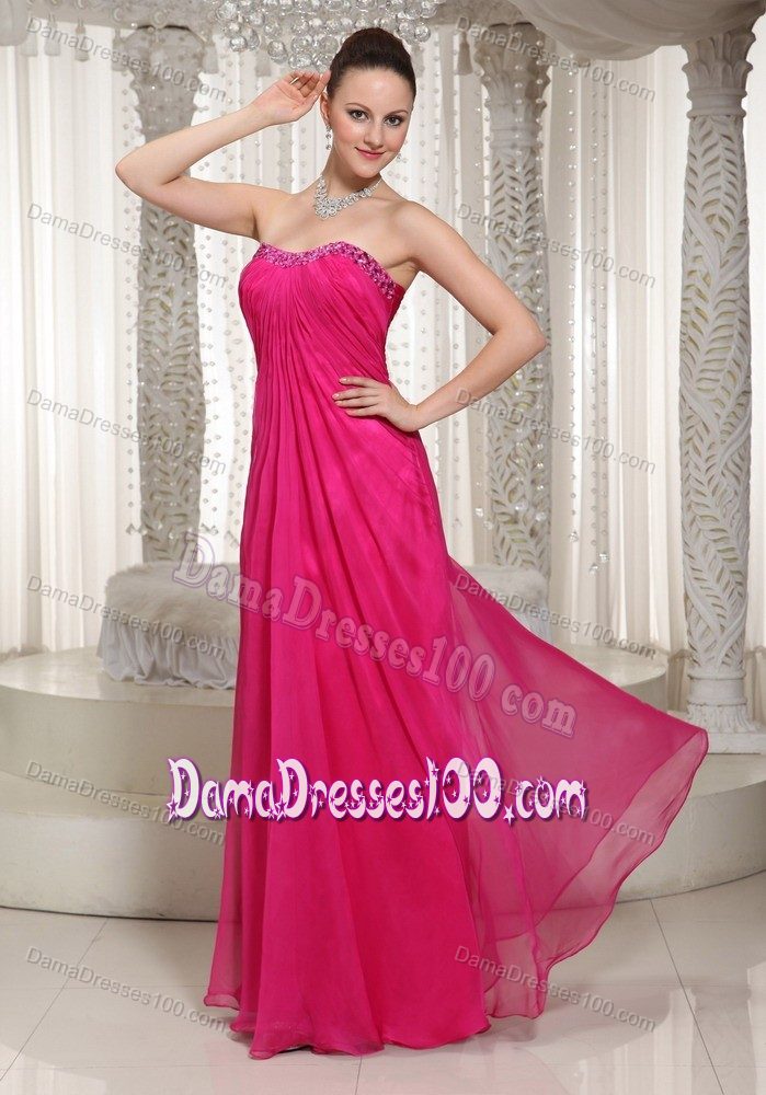 Beading Strapless Dama Dress for Quinceaneras to Floor in Hot Pink
