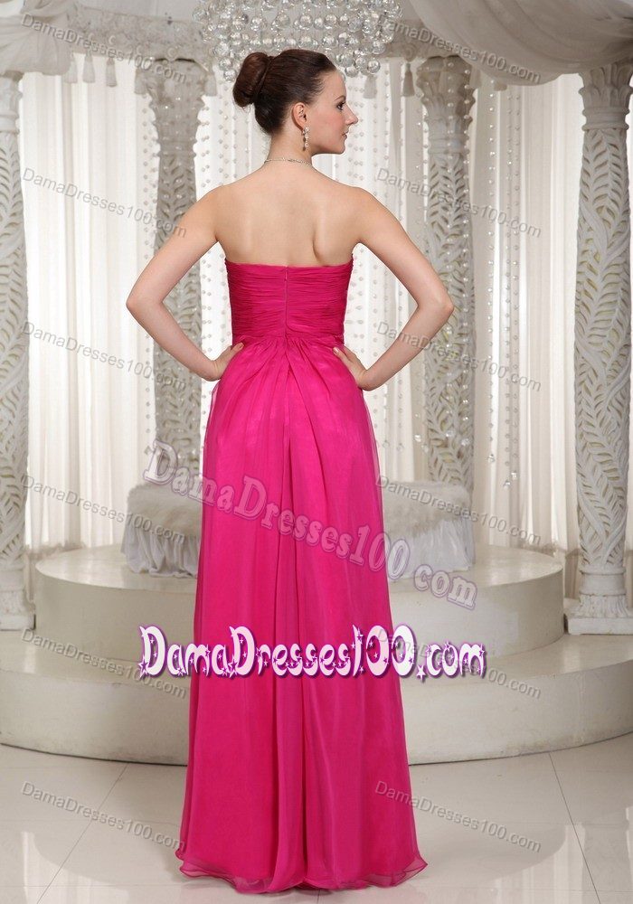 Beading Strapless Dama Dress for Quinceaneras to Floor in Hot Pink