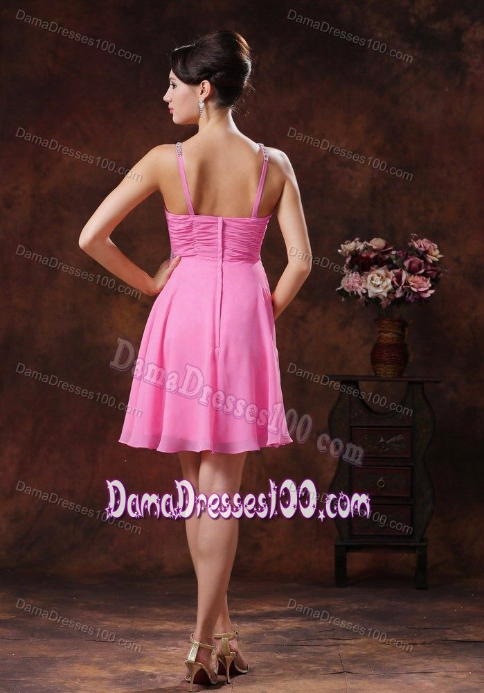 Beaded V-neck Pink Short Prom Dress with Beaded Decorated with Zipper