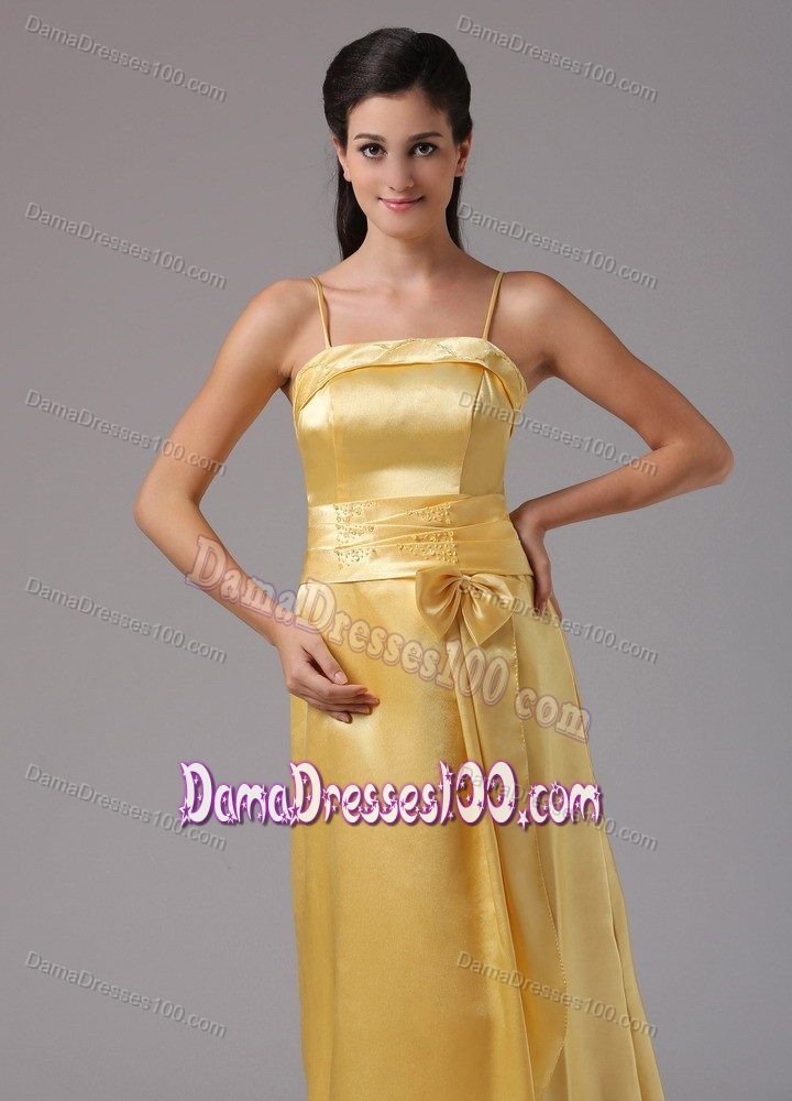 Yellow Column Spaghetti Straps Cocktail Dresses for Dama with Lovely Bow