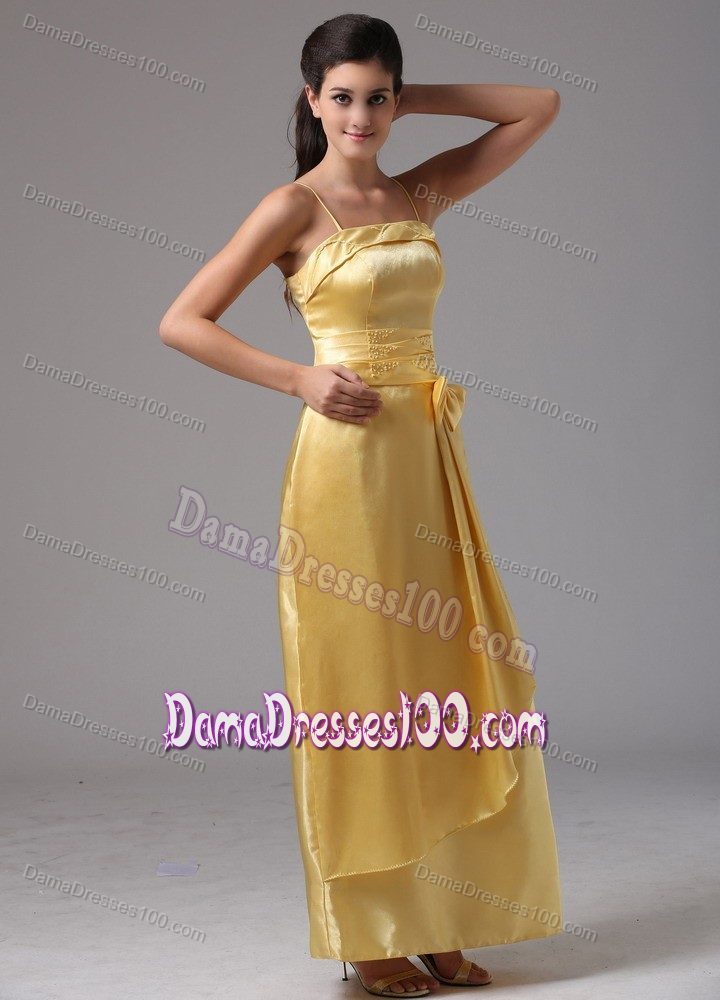 Yellow Column Spaghetti Straps Cocktail Dresses for Dama with Lovely Bow