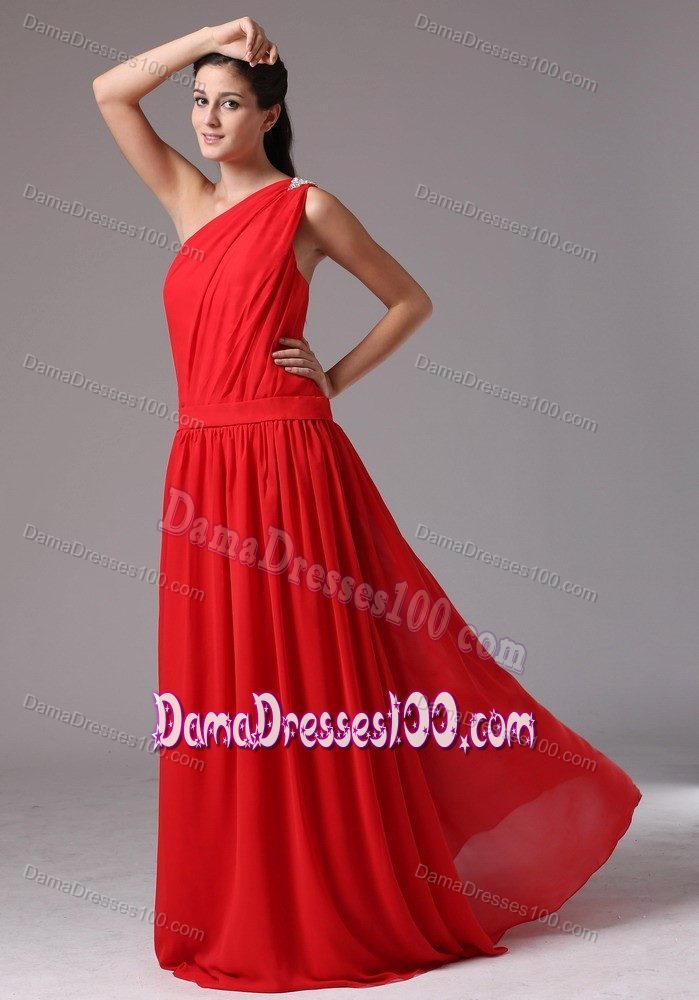 Red Asymmetrical One Shoulder Bridesmaid Dama Dresses with Pleating