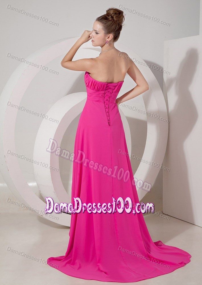 Hot Pink Ruching Bust Empire Prom Dresses for Dama with Brush Train