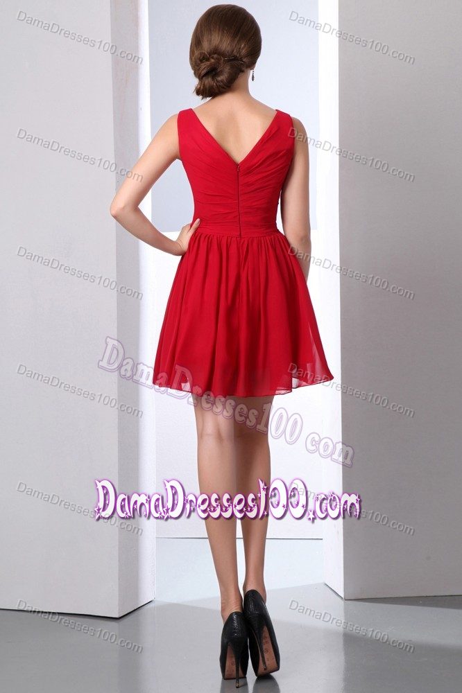 Wine Red Straps Forming V-neck Mini Ruching Dresses for Damas