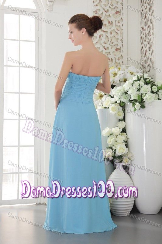 Light Blue Empire Strapless Ruching Prom Dress Embellished Wide Sash