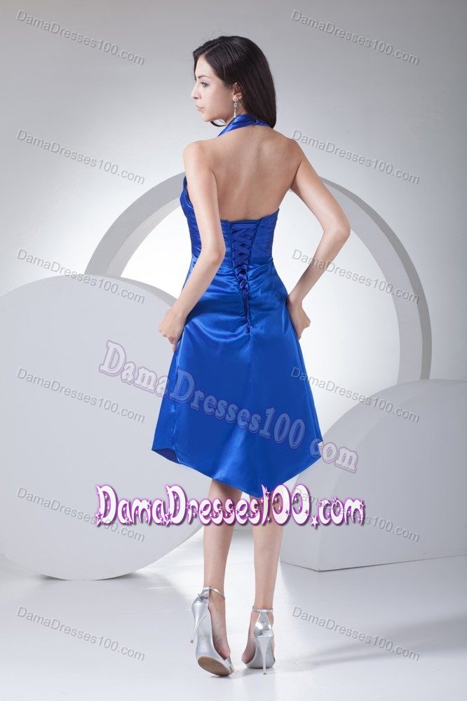 Royal Blue Halter Decorated Flower Cocktail Dresses for Dama to Knee-length