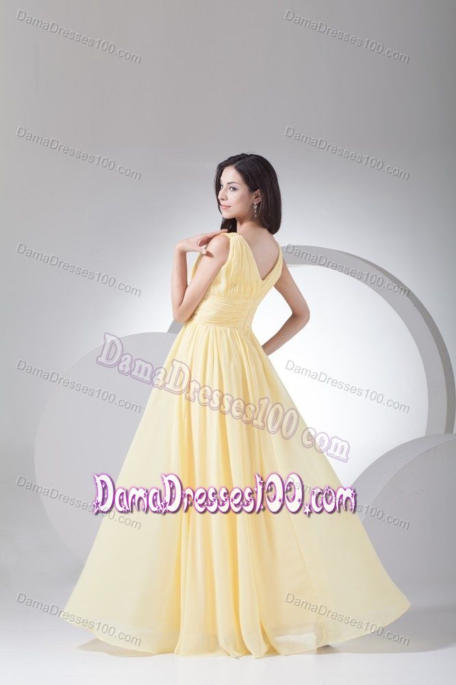 Ruched Straps with V-neck Empire Yellow 15 Dresses for Damas with Sash
