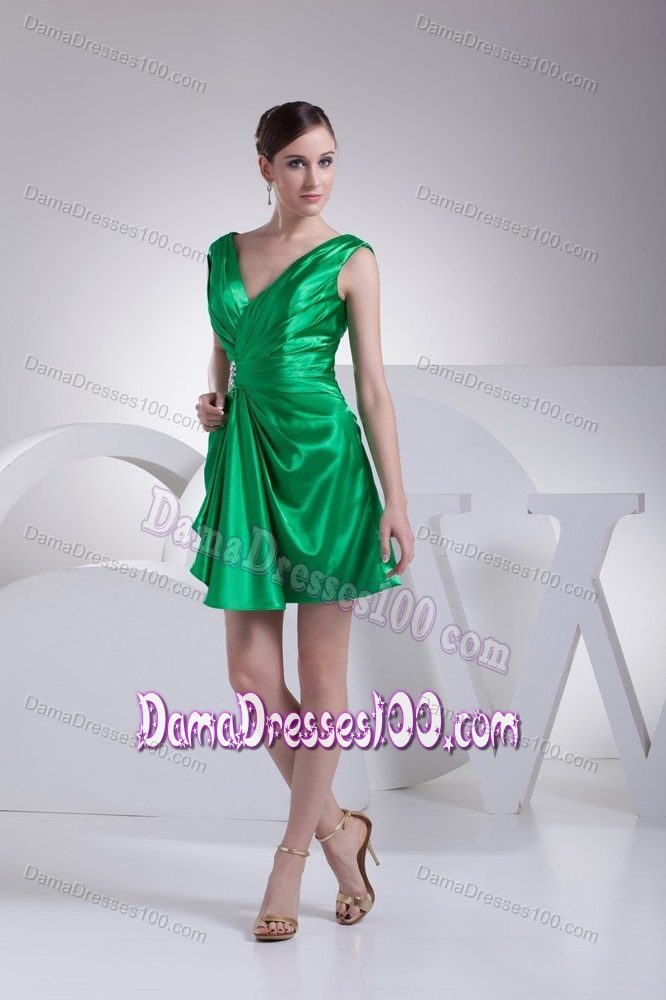Green Ruche Decorated Straps Forming V-neck Short Quince Dama Dresses